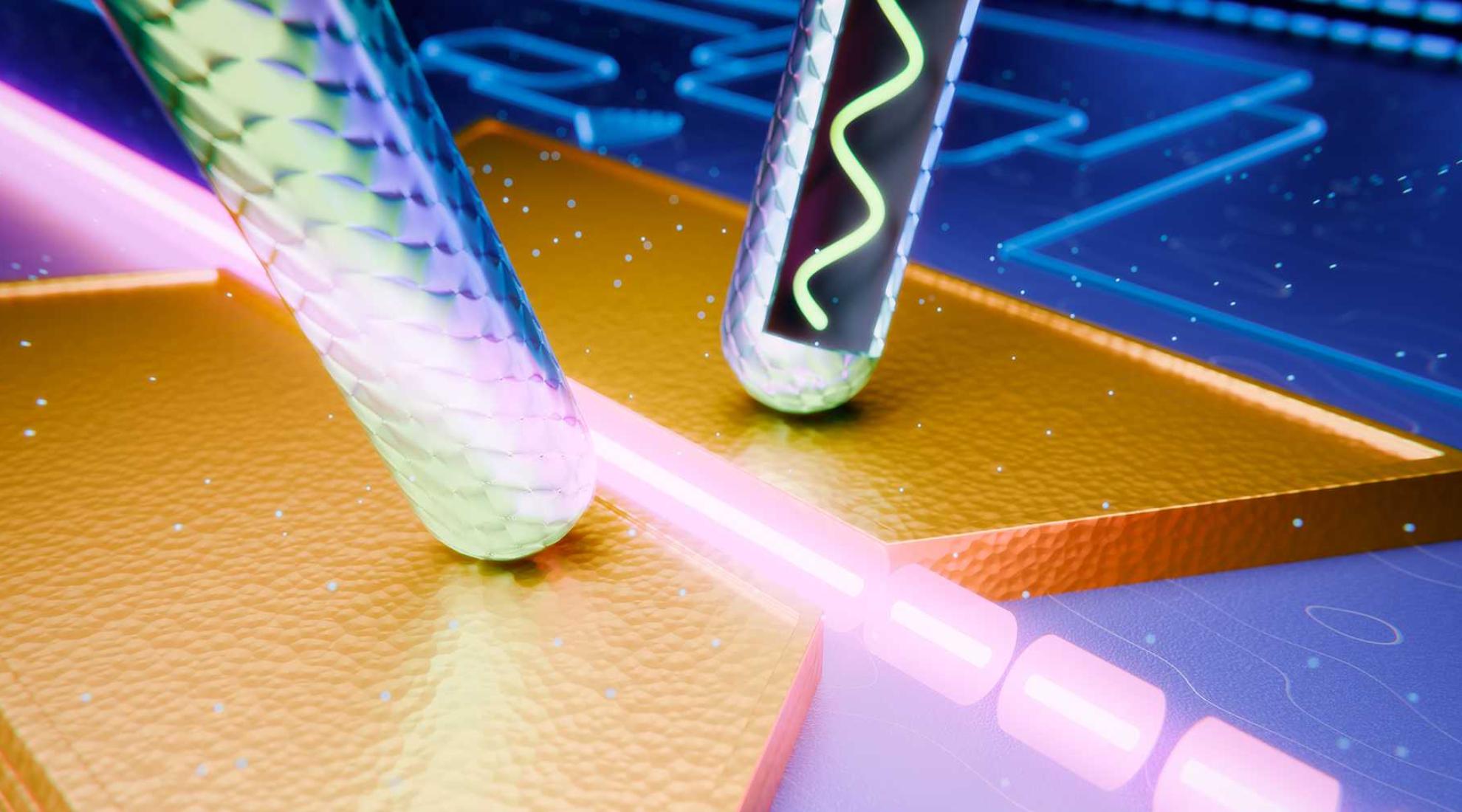The modulator (in gold) transmits the information from an electrical wave to an optical wave.  (Illustration: Johannes Grewer / Polariton Technologies)